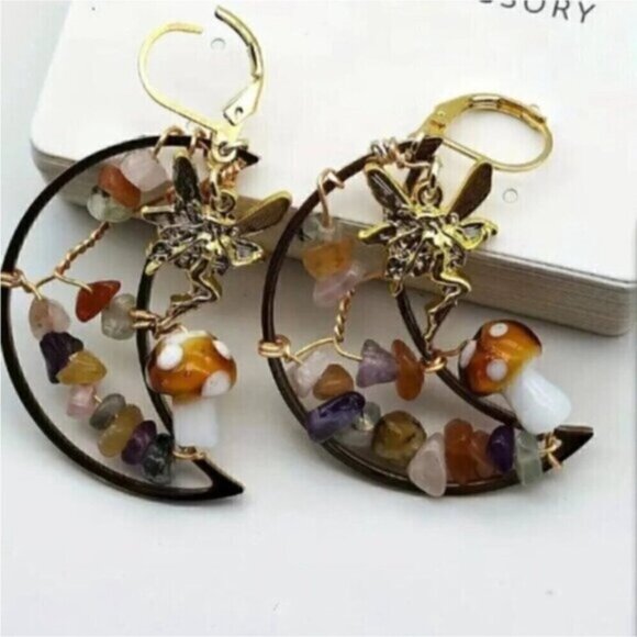 Crescent Moon Gold Mushroom  Colorful Stone Fairycore Earrings - Picture 4 of 6